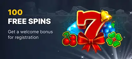 Casino banner offering 100 free spins as a welcome bonus for new registrations, featuring classic lucky number seven, golden bell, cherries, and a four-leaf clover for good luck.