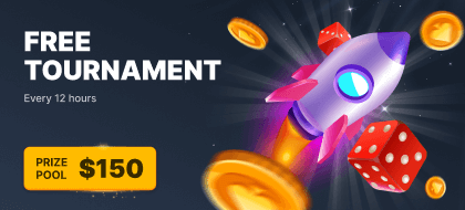 Online casino free tournament banner with a vibrant rocket ship, dice, and coins symbolizing a prize pool of $150 available every 12 hours.