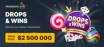 Pragmatic Play Drops and Wins banner featuring a large prize pool of $2,500,000 for slots and live casino tournament with network promotion, highlighted by colorful candy, dice, and a vibrant design.