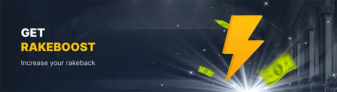 Casino banner highlighting the RakeBoost feature, encouraging players to increase their rakeback with a striking yellow lightning bolt symbol and flying banknotes on a sleek dark background.
